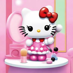 A digital art image of Hello Kitty applying makeup