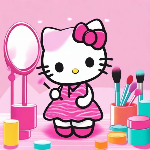 A digital art image of Hello Kitty applying makeup