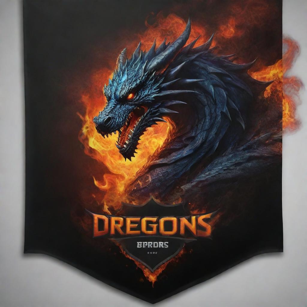 Modify the dragon in the esports team banner, making it look more threatening and deadly with sharper claws, more dramatic flames, and darker, more ominous colours.