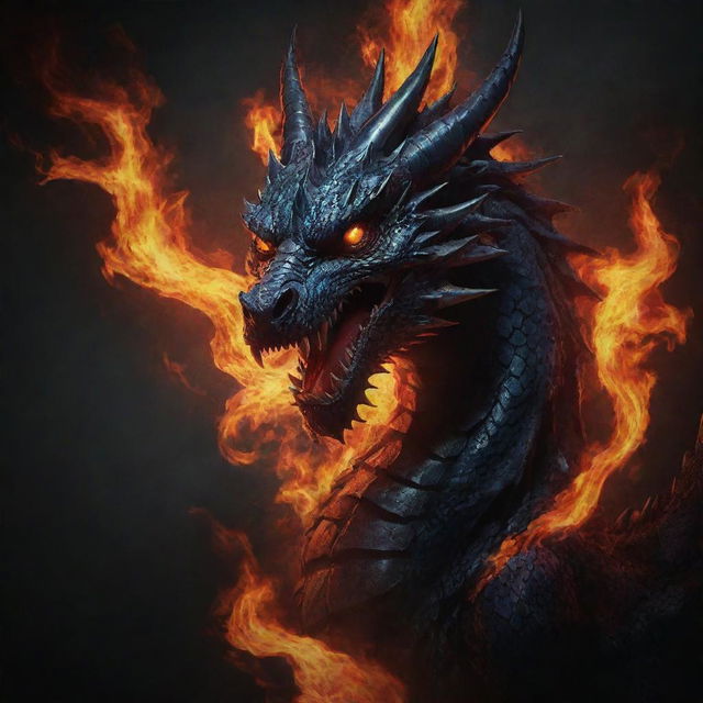 Modify the dragon in the esports team banner, making it look more threatening and deadly with sharper claws, more dramatic flames, and darker, more ominous colours.