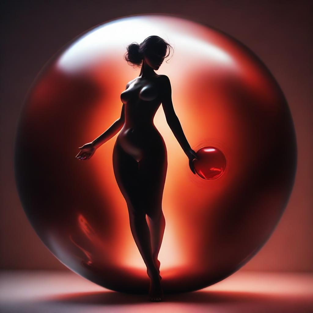 A high-quality digital art piece depicts a warm-toned nude woman, gracefully spinning around a red glass sphere