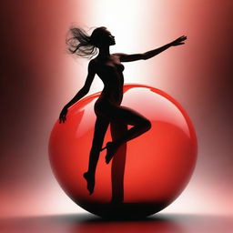 A high-quality digital art piece depicts a warm-toned nude woman, gracefully spinning around a red glass sphere