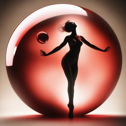 A high-quality digital art piece depicts a warm-toned nude woman, gracefully spinning around a red glass sphere