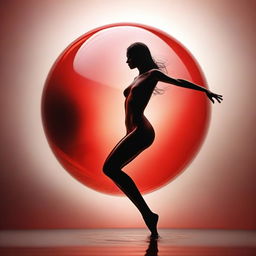 A high-quality digital art piece depicts a warm-toned nude woman, gracefully spinning around a red glass sphere