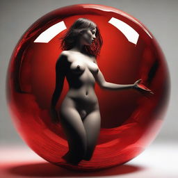 A highly detailed digital art piece showcases a nude woman, exuding warmth, as she spins around a red glass sphere