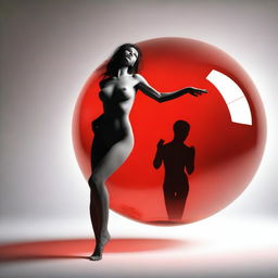 A highly detailed digital art piece showcases a nude woman, exuding warmth, as she spins around a red glass sphere