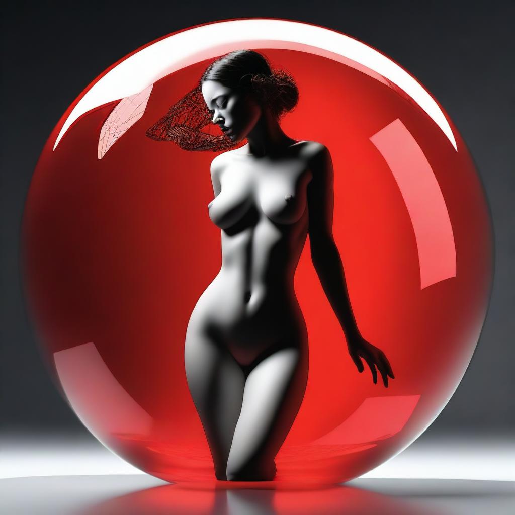 A highly detailed digital art piece showcases a nude woman, exuding warmth, as she spins around a red glass sphere