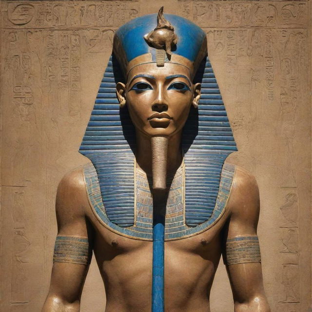 An extraordinarily detailed, striking image of the Egyptian God Ptah, conveying a sense of overwhelming power and majesty. Features should include traditional Egyptian iconography like the staff and blue skullcap.