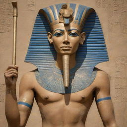 An extraordinarily detailed, striking image of the Egyptian God Ptah, conveying a sense of overwhelming power and majesty. Features should include traditional Egyptian iconography like the staff and blue skullcap.