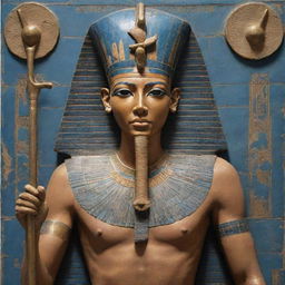 An extraordinarily detailed, striking image of the Egyptian God Ptah, conveying a sense of overwhelming power and majesty. Features should include traditional Egyptian iconography like the staff and blue skullcap.