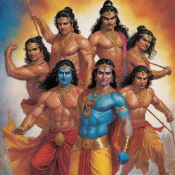 The Five Pandavas, characters from the Indian epic Mahabharata, depicted in vivid colors and exaggerated expressions, embodying the unique and energetic style of comic book artwork.