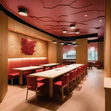 The architect used gean wood as the base for the cherry-themed interior design of the restaurant.
