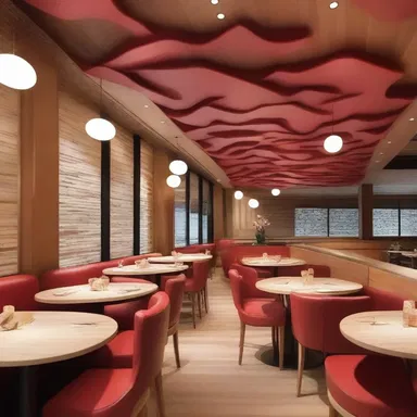 The architect used gean wood as the base for the cherry-themed interior design of the restaurant.