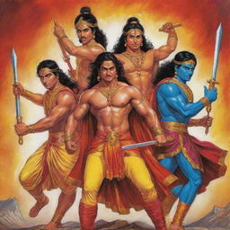 The Five Pandavas, characters from the Indian epic Mahabharata, depicted in vivid colors and exaggerated expressions, embodying the unique and energetic style of comic book artwork.