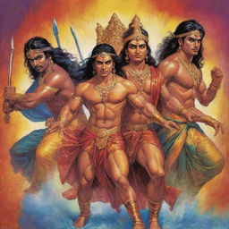 The Five Pandavas, characters from the Indian epic Mahabharata, depicted in vivid colors and exaggerated expressions, embodying the unique and energetic style of comic book artwork.