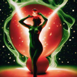 An ultra-realistic studio photograph depicts a nude woman, exuding warmth, dancing around a red glass sphere with a black heart inside