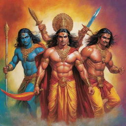 The Five Pandavas, characters from the Indian epic Mahabharata, depicted in vivid colors and exaggerated expressions, embodying the unique and energetic style of comic book artwork.