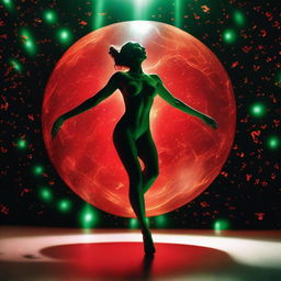 An ultra-realistic photograph captures a warm nude woman dancing around a red glass sphere, which contains a black heart