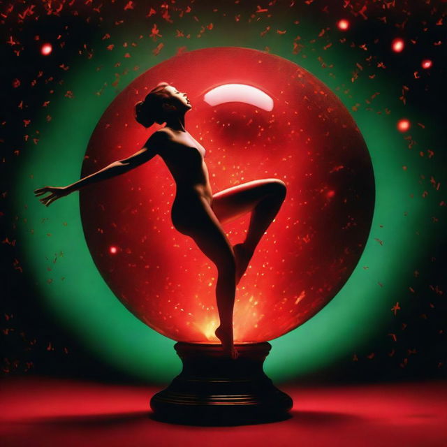 An ultra-realistic photograph captures a warm nude woman dancing around a red glass sphere, which contains a black heart