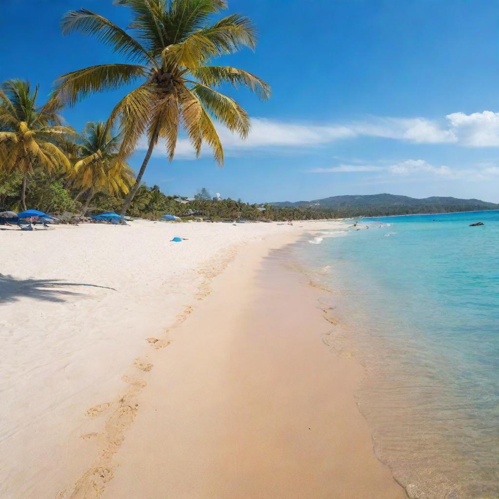 A picturesque sun-soaked beach with sparkling azure water, fine golden sand, colorful beach umbrellas, and palm trees gently swaying in the breeze