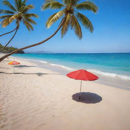 A picturesque sun-soaked beach with sparkling azure water, fine golden sand, colorful beach umbrellas, and palm trees gently swaying in the breeze