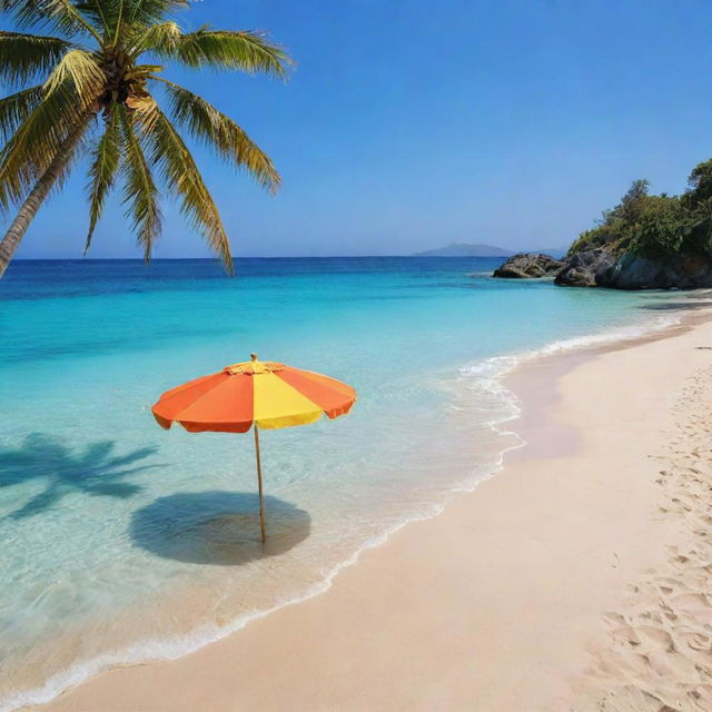 A picturesque sun-soaked beach with sparkling azure water, fine golden sand, colorful beach umbrellas, and palm trees gently swaying in the breeze