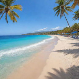 A picturesque sun-soaked beach with sparkling azure water, fine golden sand, colorful beach umbrellas, and palm trees gently swaying in the breeze