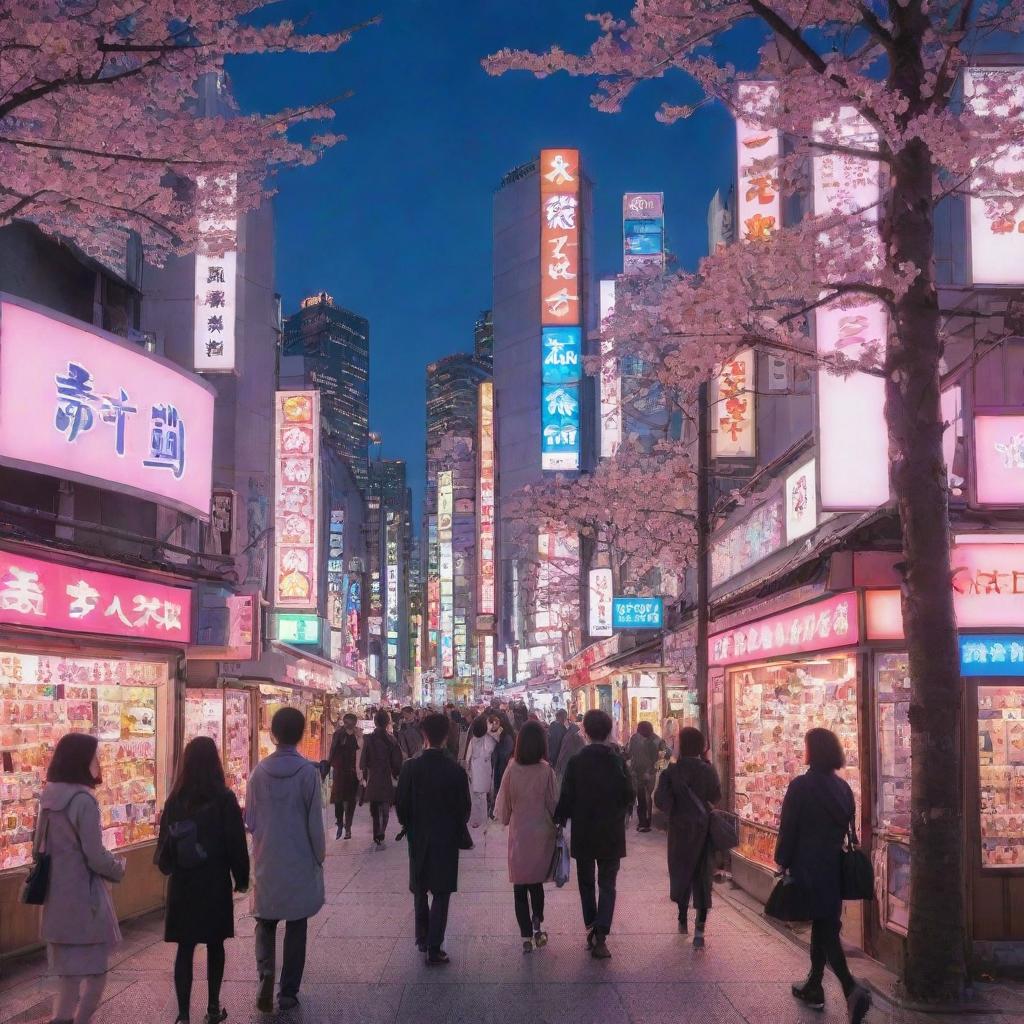 A vibrant anime scene with detailed characters in a Tokyo cityscape at dusk, brimming with neon signs and cherry blossoms