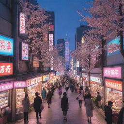 A vibrant anime scene with detailed characters in a Tokyo cityscape at dusk, brimming with neon signs and cherry blossoms