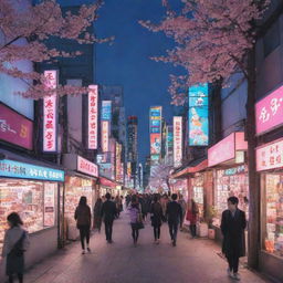 A vibrant anime scene with detailed characters in a Tokyo cityscape at dusk, brimming with neon signs and cherry blossoms