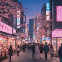 A vibrant anime scene with detailed characters in a Tokyo cityscape at dusk, brimming with neon signs and cherry blossoms