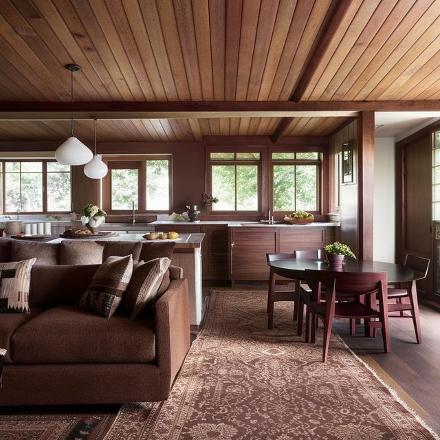 A cozy open-plan interior featuring dark brown couches, a light and dark brown patterned carpet, adjacent dark mahogany dining table, and matching kitchen cabinets.