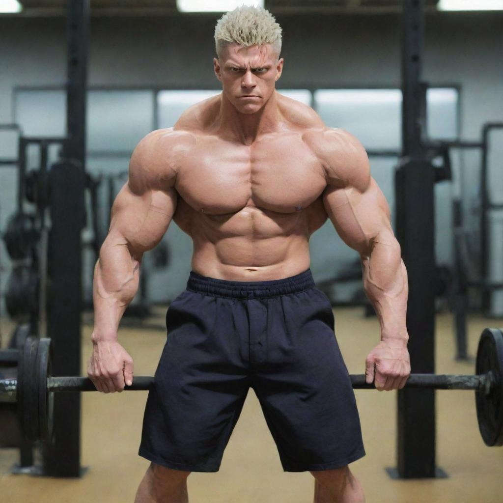 An exceptionally muscular version of Sukuna, the character from Jujutsu Kaisen, working out in a well-equipped gym.