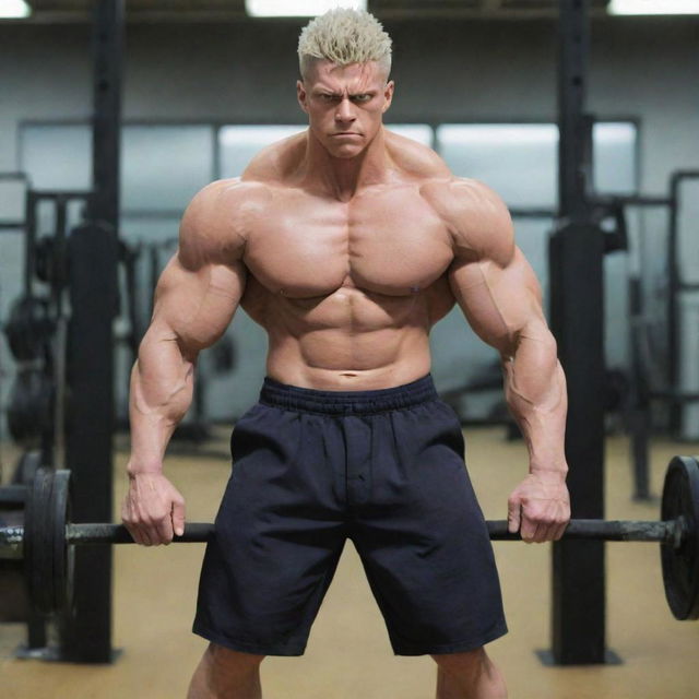 An exceptionally muscular version of Sukuna, the character from Jujutsu Kaisen, working out in a well-equipped gym.