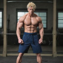 An exceptionally muscular version of Sukuna, the character from Jujutsu Kaisen, working out in a well-equipped gym.