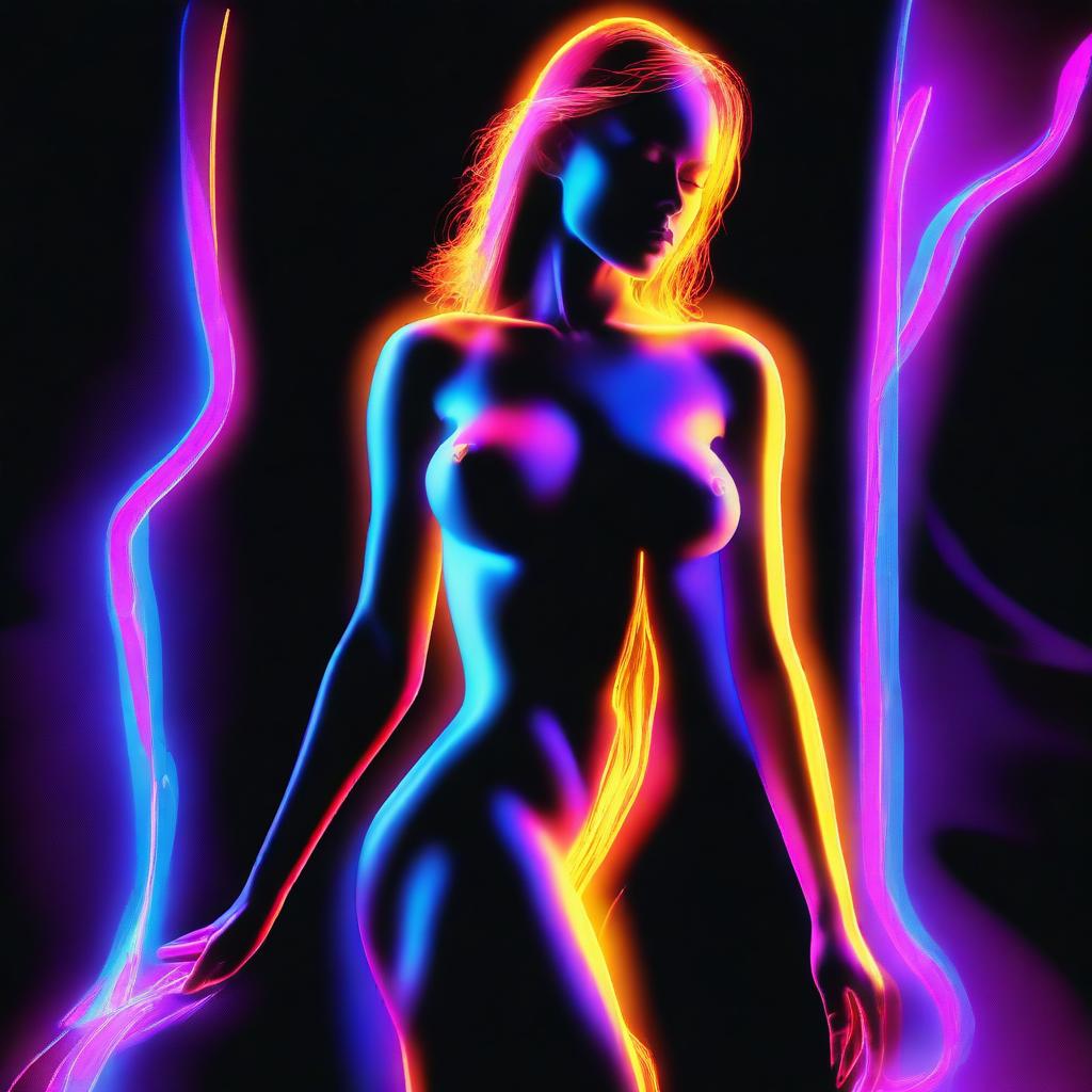 An exceptional digital art piece illustrates a nude woman made entirely of neon material