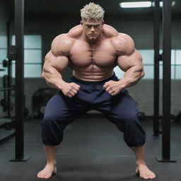 An exceptionally muscular version of Sukuna, the character from Jujutsu Kaisen, working out in a well-equipped gym.