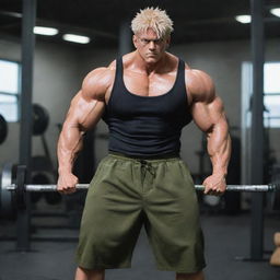 An exceptionally muscular version of Sukuna, the character from Jujutsu Kaisen, working out in a well-equipped gym.