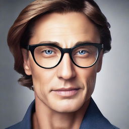 A high-quality digital art image displaying an advertisement for glasses, featuring a single person elegantly wearing a pair