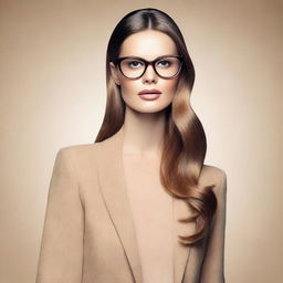 A high-quality digital art image displaying an advertisement for glasses, featuring a single person elegantly wearing a pair