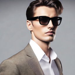 A high-quality digital art image displaying an advertisement for glasses, featuring a single person elegantly wearing a pair