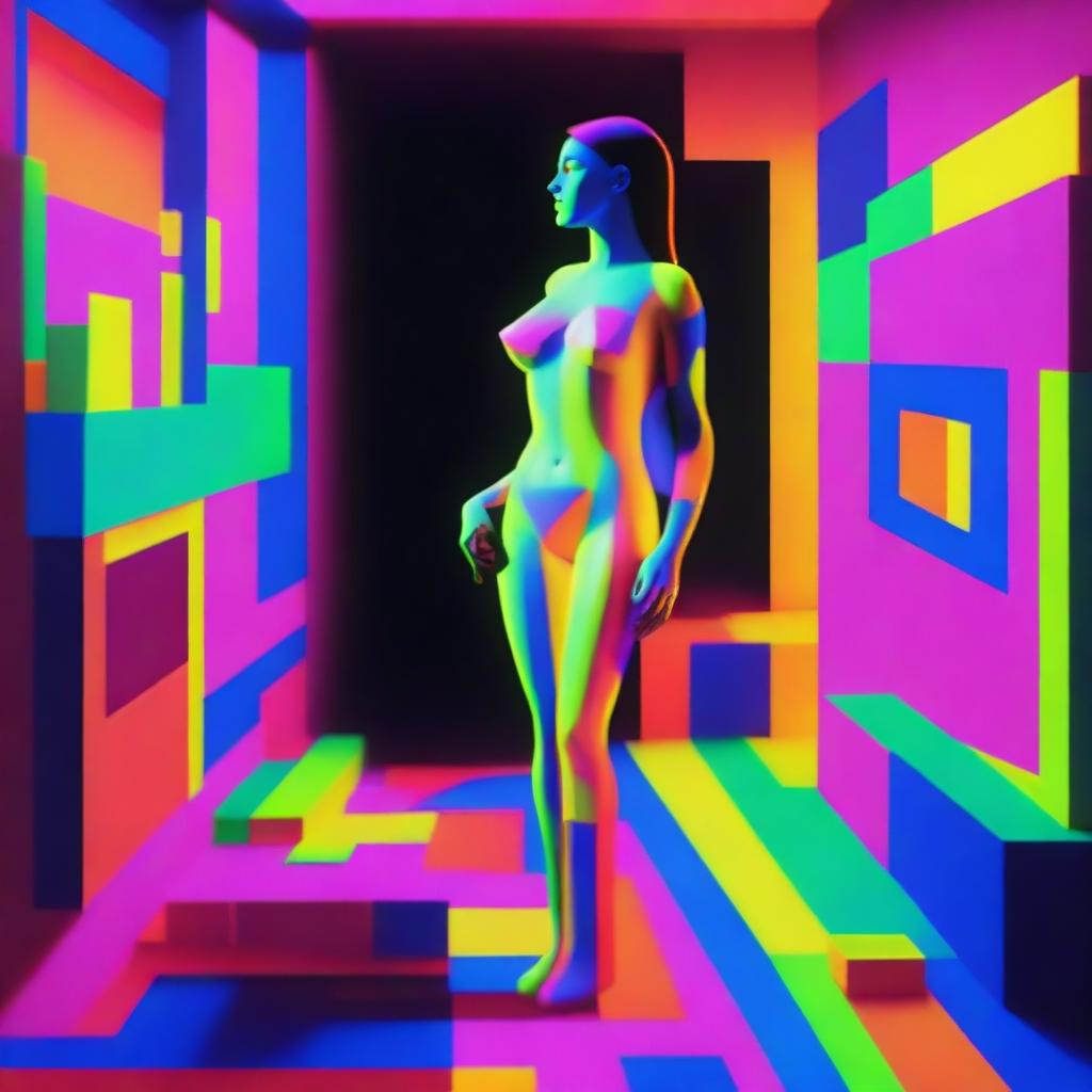 A vibrant 3D isometric image, reminiscent of an 8-bit game style, presents a nude woman crafted entirely from neon material