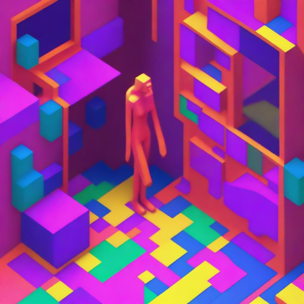 A vibrant 3D isometric image, reminiscent of an 8-bit game style, presents a nude woman crafted entirely from neon material