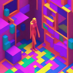 A vibrant 3D isometric image, reminiscent of an 8-bit game style, presents a nude woman crafted entirely from neon material