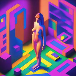 A vibrant 3D isometric image, reminiscent of an 8-bit game style, presents a nude woman crafted entirely from neon material