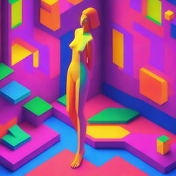 A vibrant 3D isometric image, reminiscent of an 8-bit game style, presents a nude woman crafted entirely from neon material