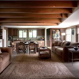 A cozy open-plan interior featuring dark brown couches, a light and dark brown patterned carpet, adjacent dark mahogany dining table, and matching kitchen cabinets.