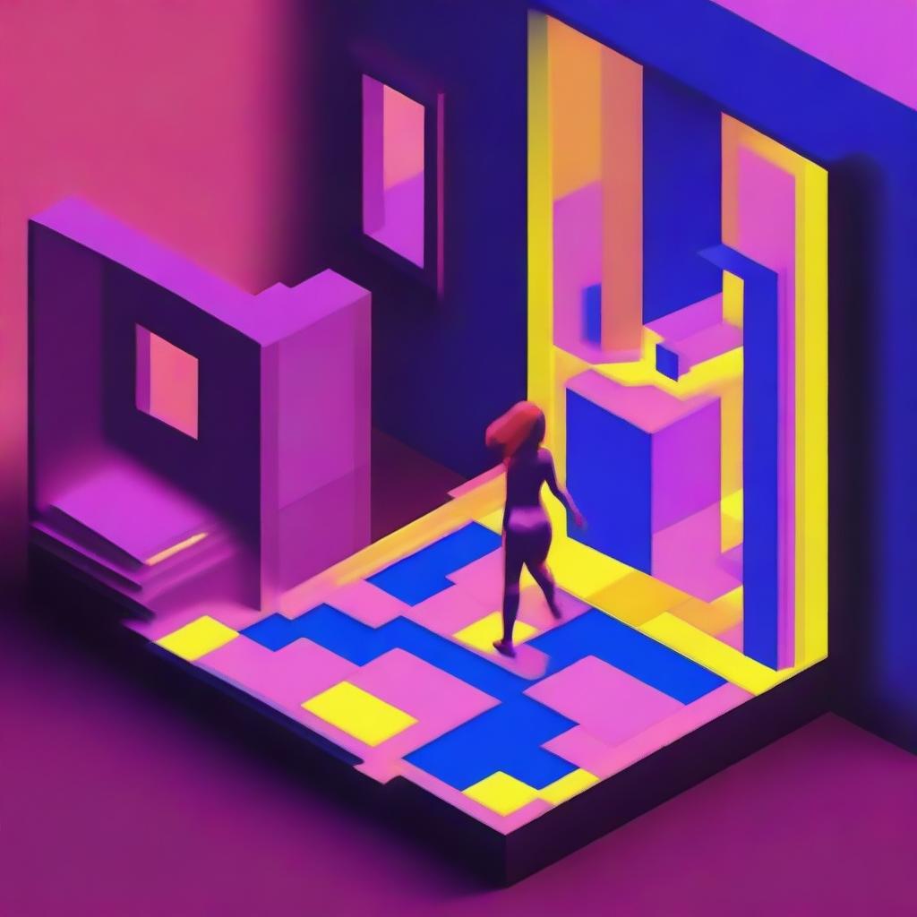 A striking 3D isometric image, in the style of an 8-bit game, features a nude woman composed of neon material