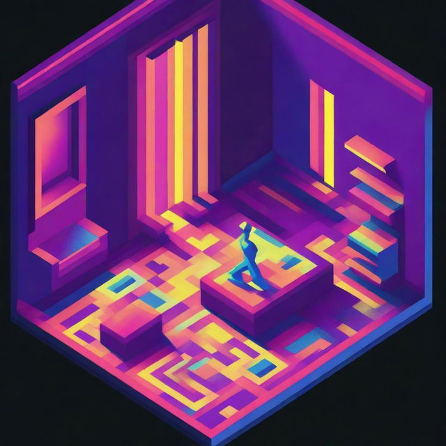 A striking 3D isometric image, in the style of an 8-bit game, features a nude woman composed of neon material