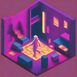 A striking 3D isometric image, in the style of an 8-bit game, features a nude woman composed of neon material